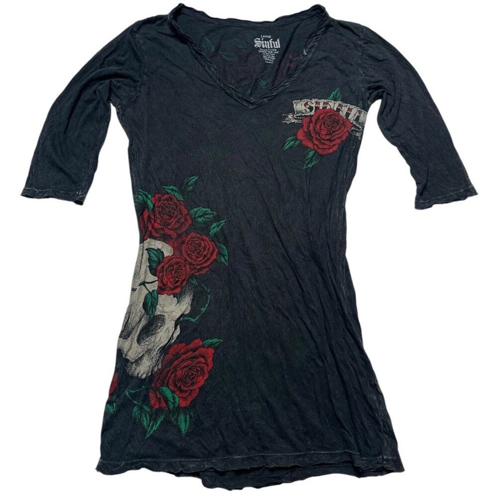 Y2K Women's Sinful Affliction Skull Roses AOP Quarter Sleeve T-shirt Size M